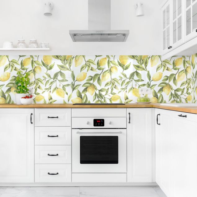 Achterwand voor keuken patroon Fruity Lemons With Leaves