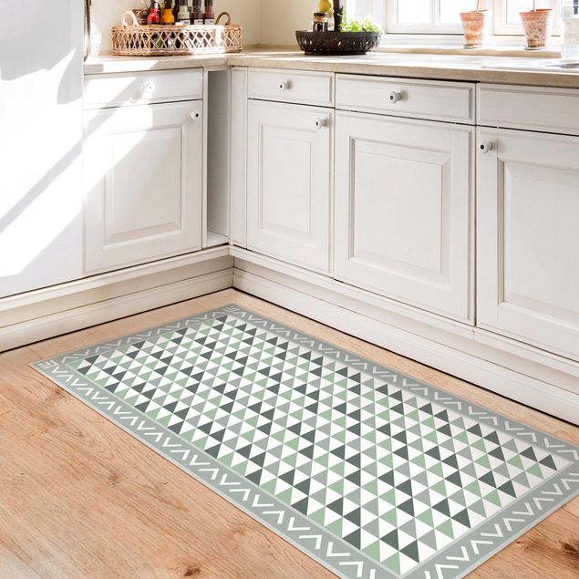 buiten vloerkleed Geometrical Tiles Small Triangles Olive green with Border
