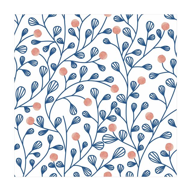 Vloerkleed blauw Blue Plant Pattern With Dots In LIght Pink