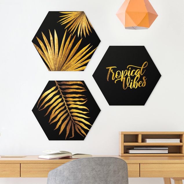 Hexagons Forex schilderijen - 3-delig Gold - Tropical Vibes On Black Set I
