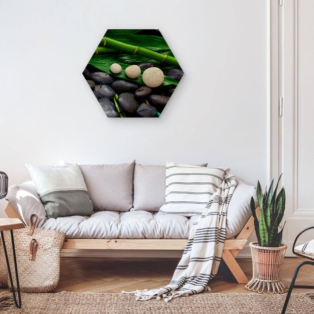Hexagons houten schilderijen Green Bamboo With Zen Stones