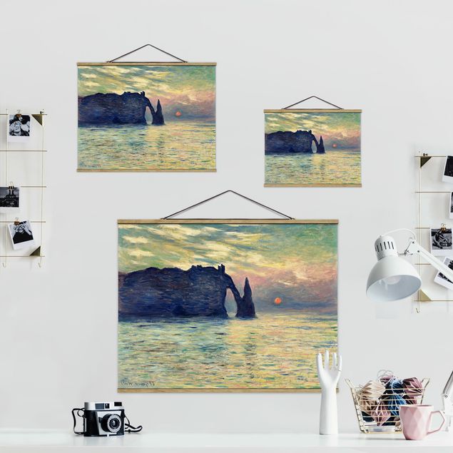 Stoffen schilderij met posterlijst Claude Monet - The Cliff, Étretat, Sunset