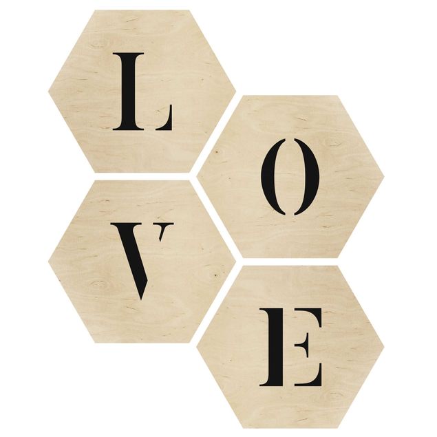 Hexagons houten schilderijen - 4-delig Letters LOVE Black Set II