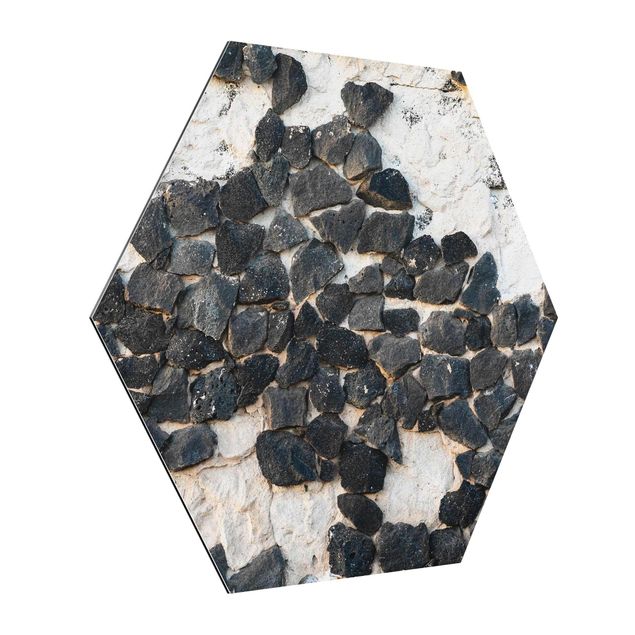 Hexagons Aluminium Dibond schilderijen Wall With Black Stones
