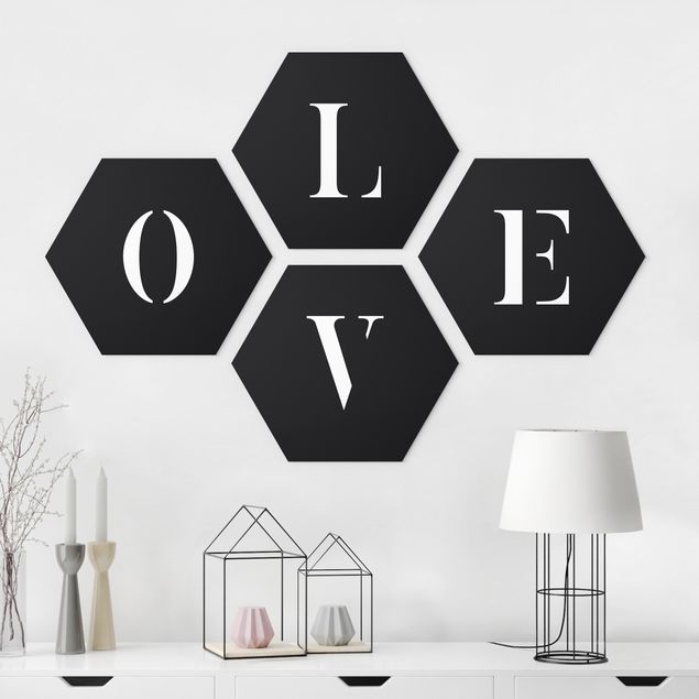 Hexagons Aluminium Dibond schilderijen - 4-delig Letters LOVE White Set II
