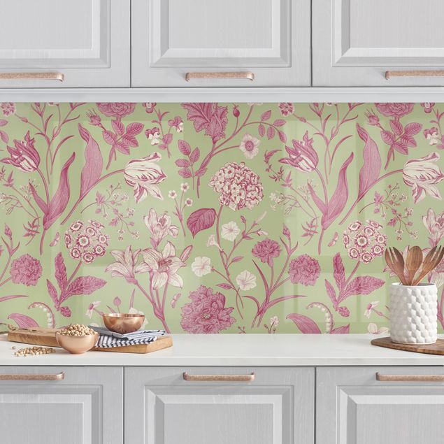 Achterwand voor keuken bloemen Flower Dance In Mint Green And Pink Pastel