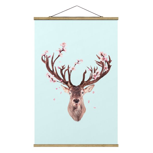 Stoffen schilderij met posterlijst Deer With Cherry Blossoms