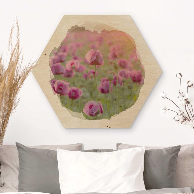 Hexagons houten schilderijen WaterColours - Violet Poppy Flowers Meadow In Spring