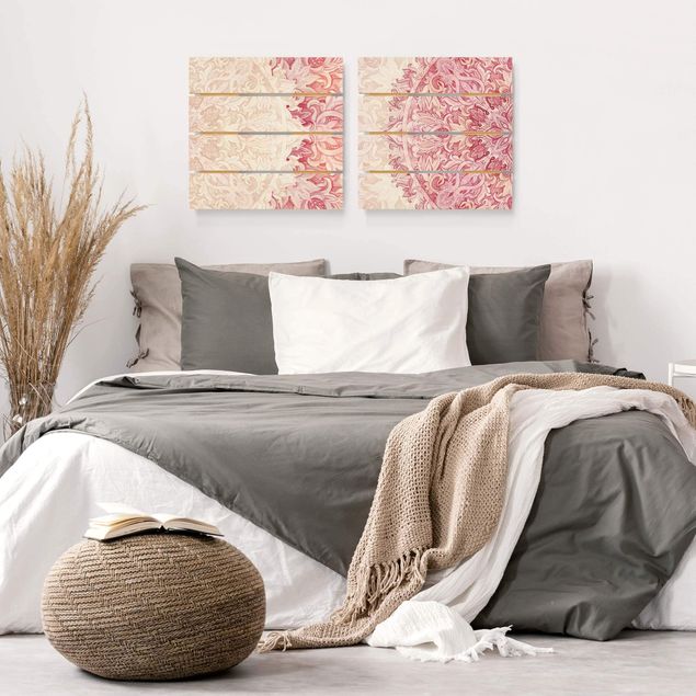 Houten schilderijen op plank - 2-delig Mandala Watercolour Ornament Set Beige Pink