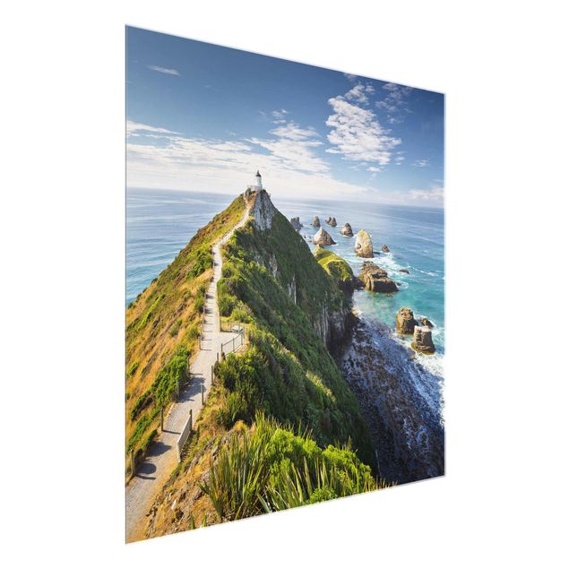 Glasschilderijen Nugget Point Lighthouse And Sea New Zealand