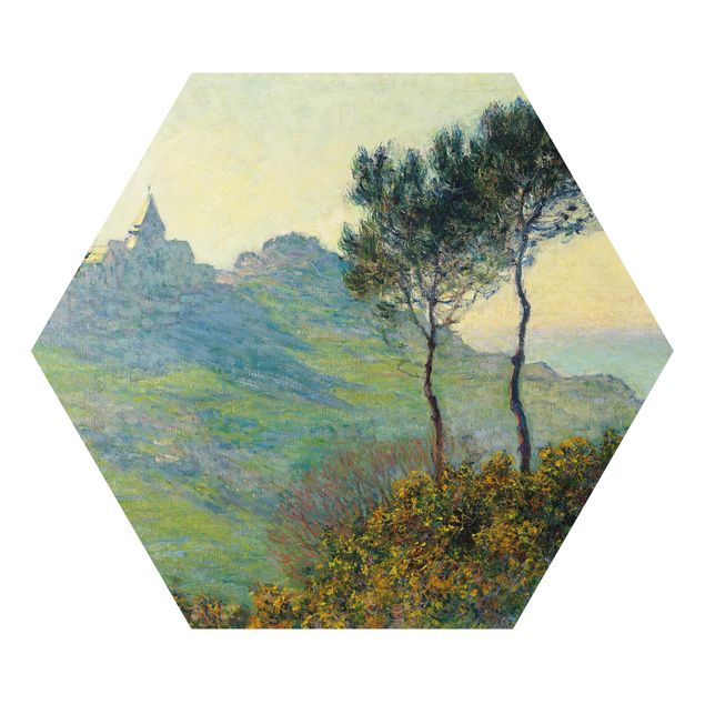 Hexagons Aluminium Dibond schilderijen Claude Monet - The Church Of Varengeville At Evening Sun