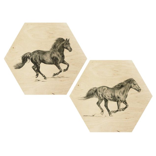 Hexagons houten schilderijen - 2-delig Wild Horse Study Set I