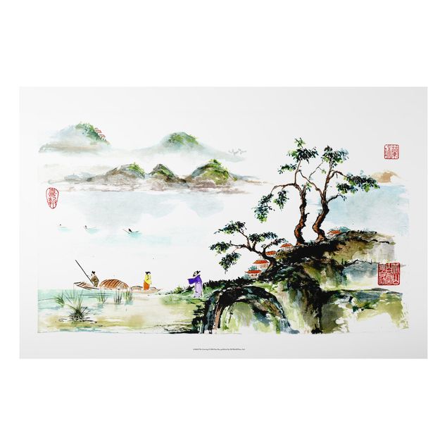 Aluminium Dibond schilderijen Japanese Watercolour Drawing Lake And Mountains