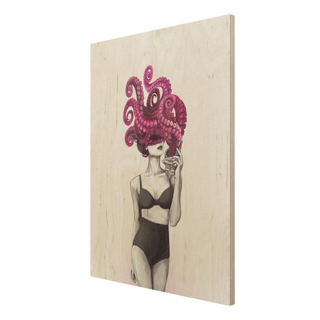 Houten schilderijen Illustration Woman In Underwear Black And White Octopus