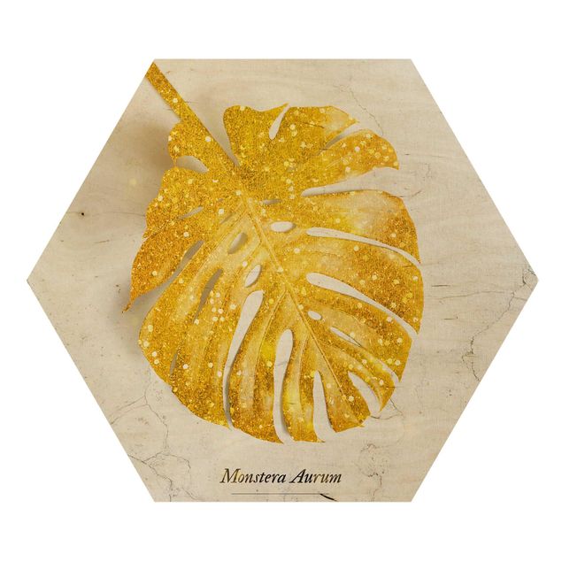 Hexagons houten schilderijen Gold - Monstera Aurum
