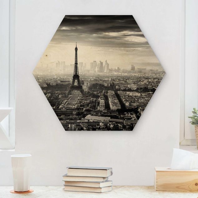 Hexagons houten schilderijen The Eiffel Tower From Above Black And White