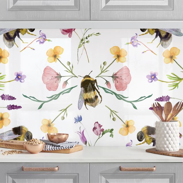 Achterwand voor keuken patroon Bees With Flowers