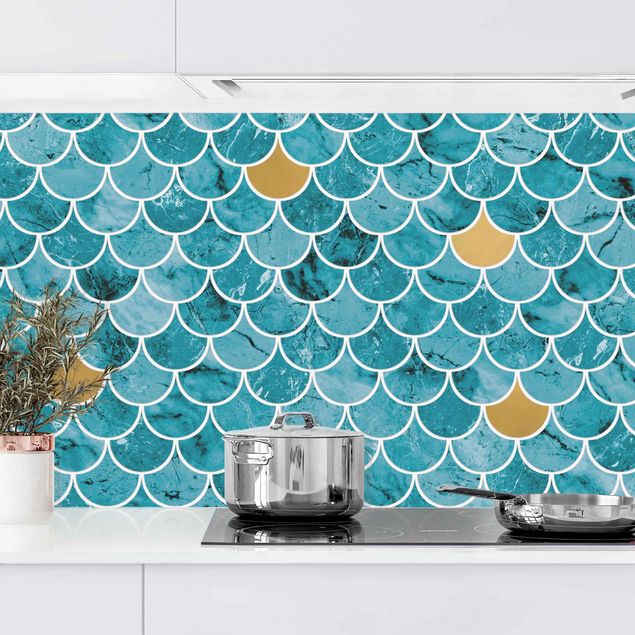Achterwand voor keuken tegelmotief Fish Scake Tiles Marble - Turquoise Gold