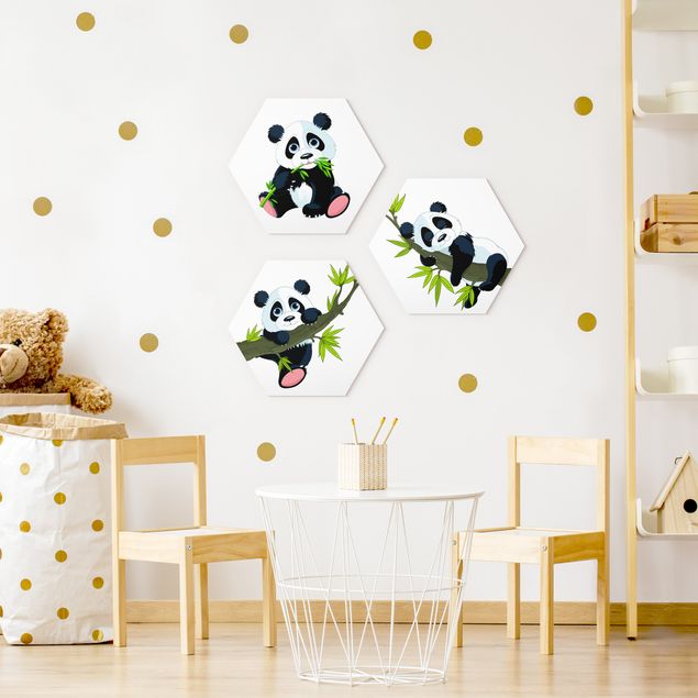Hexagons Aluminium Dibond schilderijen - 3-delig Panda set