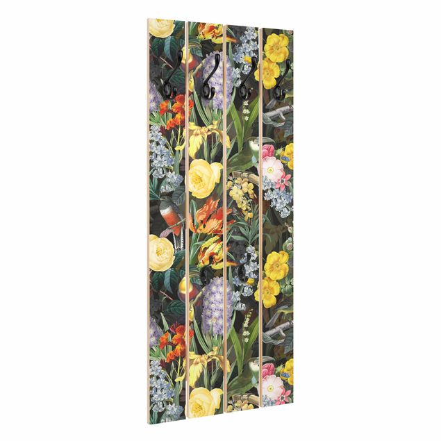 Wandkapstokken houten pallet Flowers With Colourful Tropical Birds