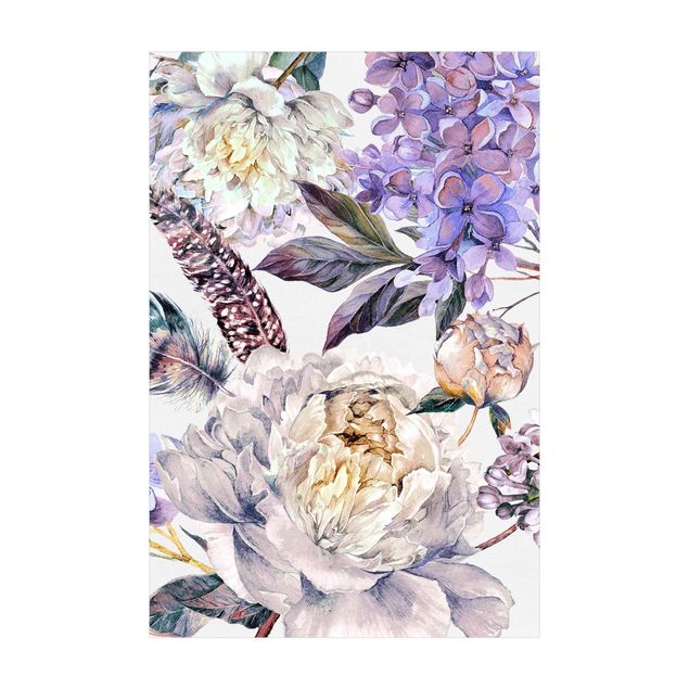 Vloerkleed natuur Delicate Watercolour Boho Flowers And Feathers Pattern