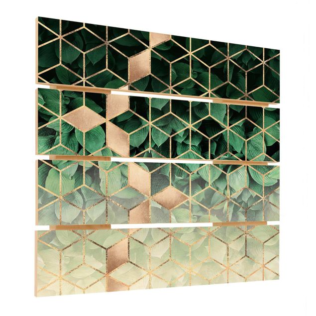 Houten schilderijen op plank Green Leaves Golden Geometry