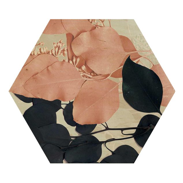 Hexagons houten schilderijen Leaves Indigo & Rouge I