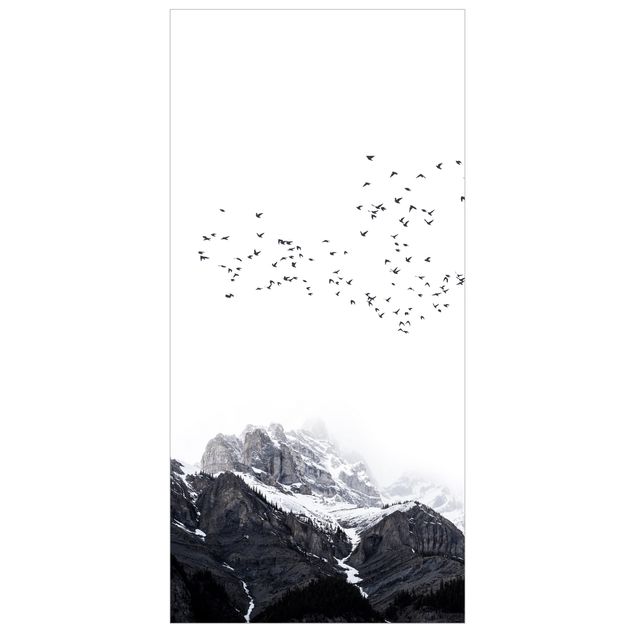 Ruimteverdeler Flock Of Birds In Front Of Mountains Black And White