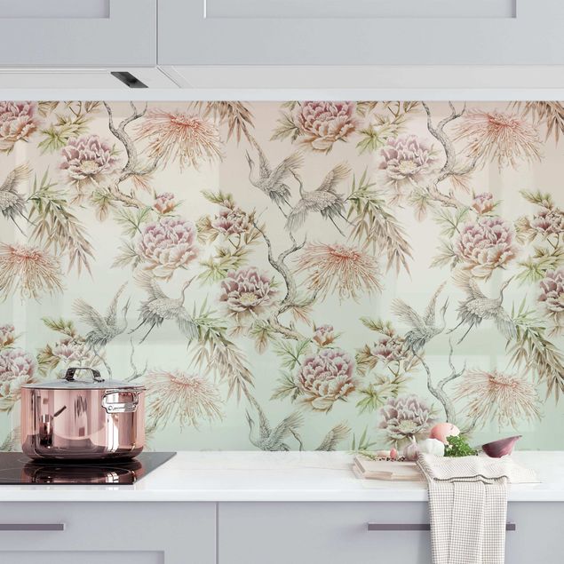 Achterwand voor keuken patroon Watercolour Birds With Large Flowers In Ombre II