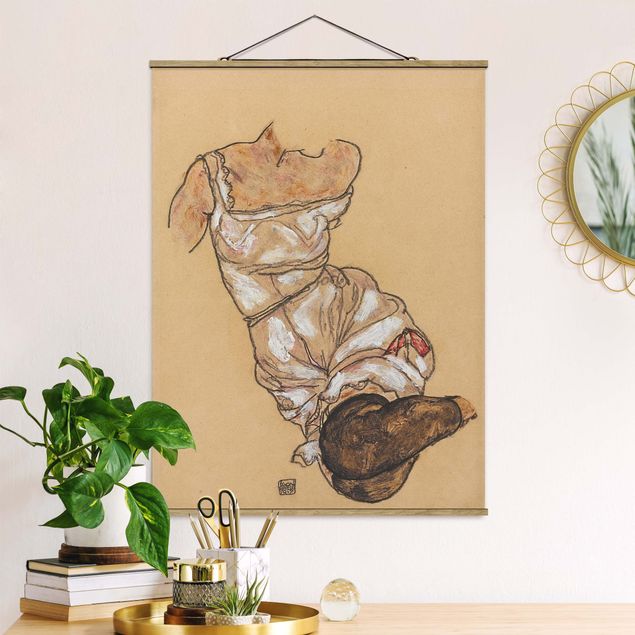 Stoffen schilderij met posterlijst Egon Schiele - Female torso in underwear and black stockings