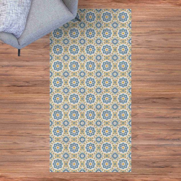 Loper tapijt Floral Tiles Blue Yellow