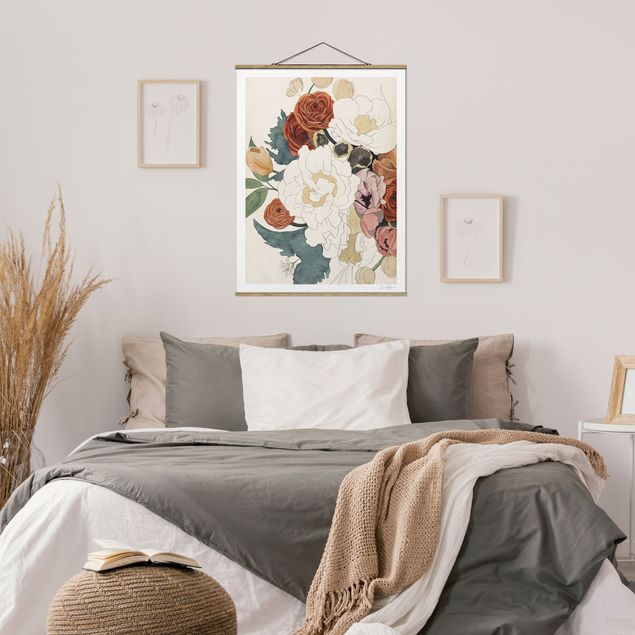 Stoffen schilderij met posterlijst Drawing Bouquet Of Flowers In Red And Sepia