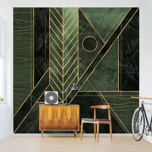 Patroonbehang Geometric Shapes Emerald Gold
