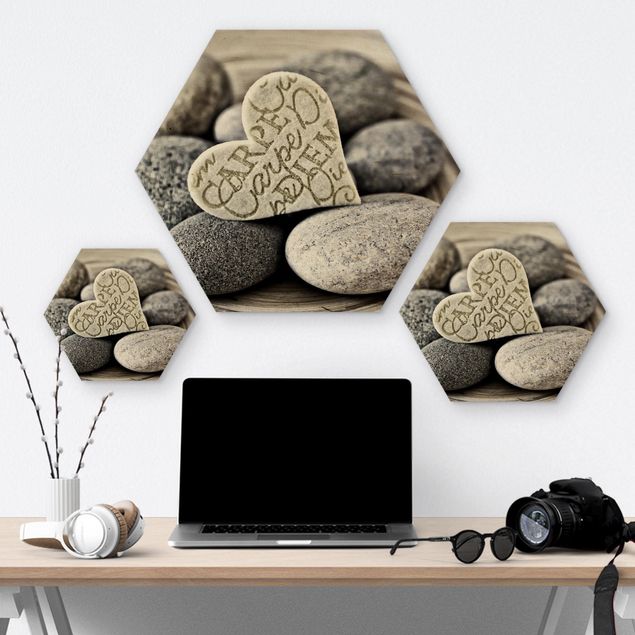 Hexagons houten schilderijen Carpe Diem Heart With Stones