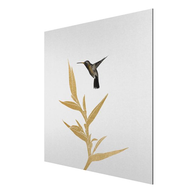 Aluminium Dibond schilderijen Hummingbird And Tropical Golden Blossom II