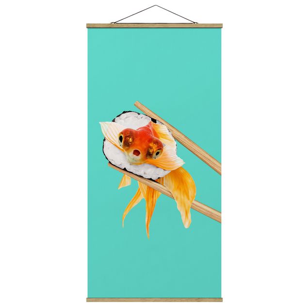Stoffen schilderij met posterlijst Sushi With Goldfish