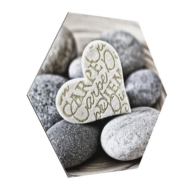 Hexagons Aluminium Dibond schilderijen Carpe Diem Heart With Stones