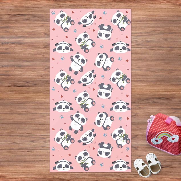 Vloerkleed bamboelook Cute Panda With Paw Prints And Hearts Pastel Pink