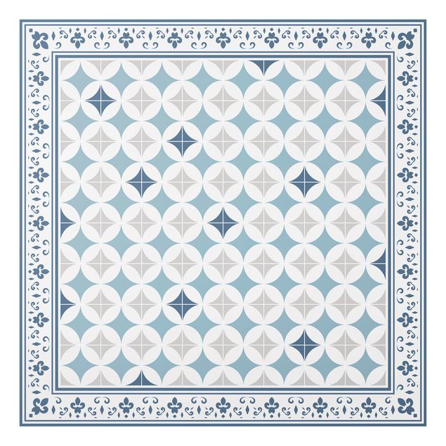 Spatscherm keuken Geometrical Tiles Circular Flowers Dark Blue With Border