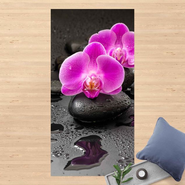 loper vloerkleed Pink Orchid Flower On Stones With Drops