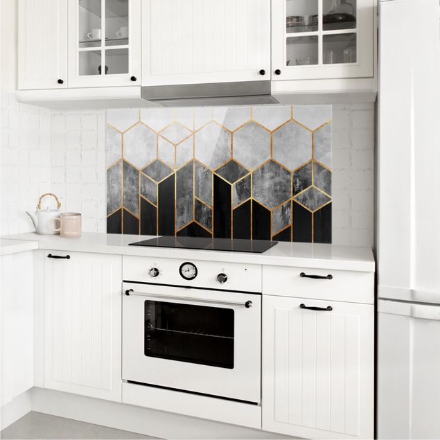 Spatscherm keuken Golden Hexagons Black And White