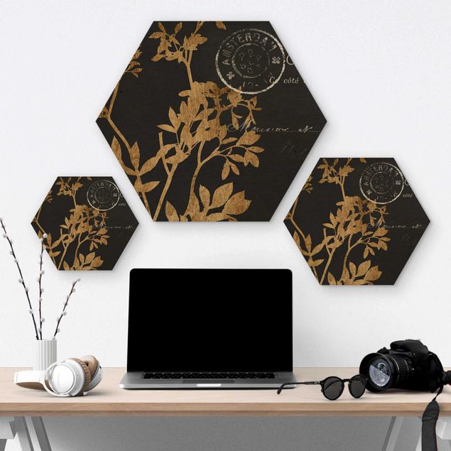 Hexagons houten schilderijen Golden Leaves On Mocha I