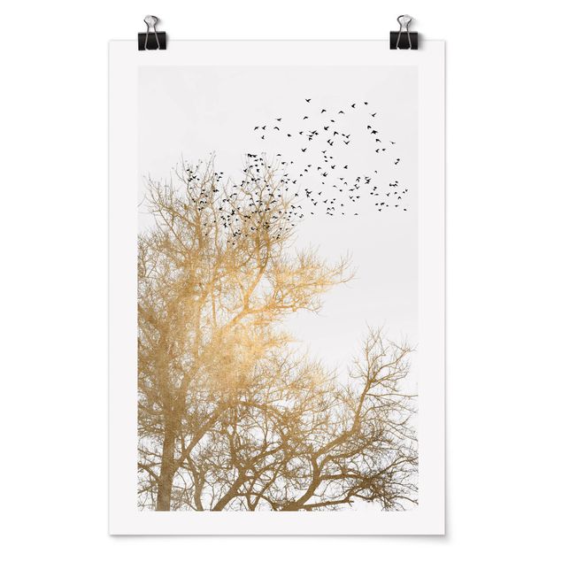 Posters Flock Of Birds In Front Of Golden Tree