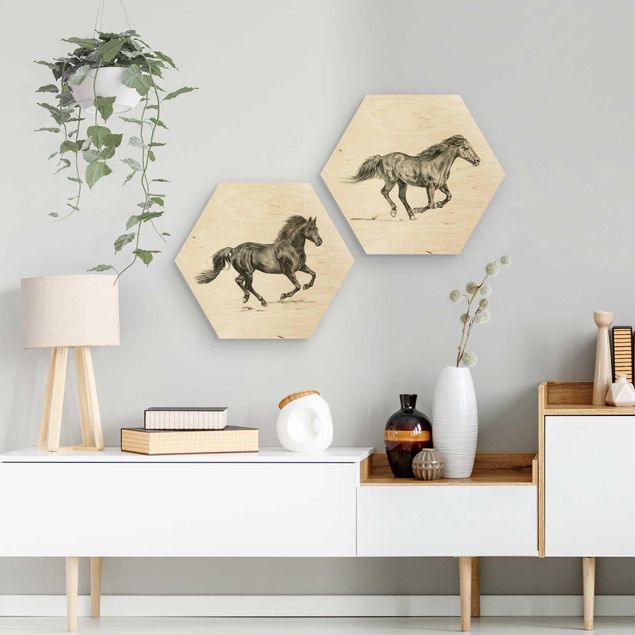 Hexagons houten schilderijen - 2-delig Wild Horse Study Set I