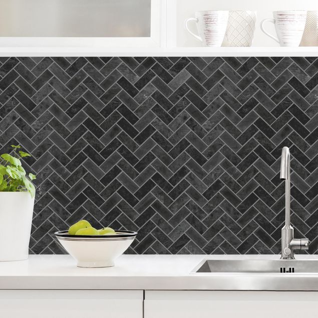 Achterwand voor keuken tegelmotief Marble Fish Bone Tiles - Black Grey Joints