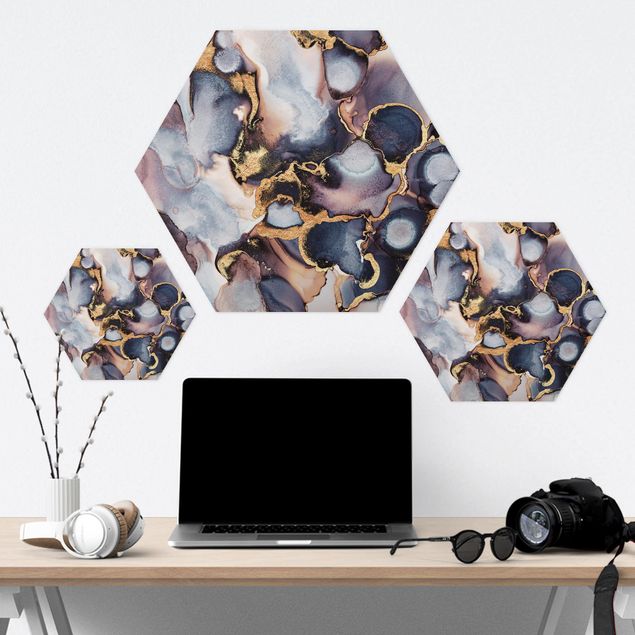 Hexagons Forex schilderijen Marble Watercolour With Gold