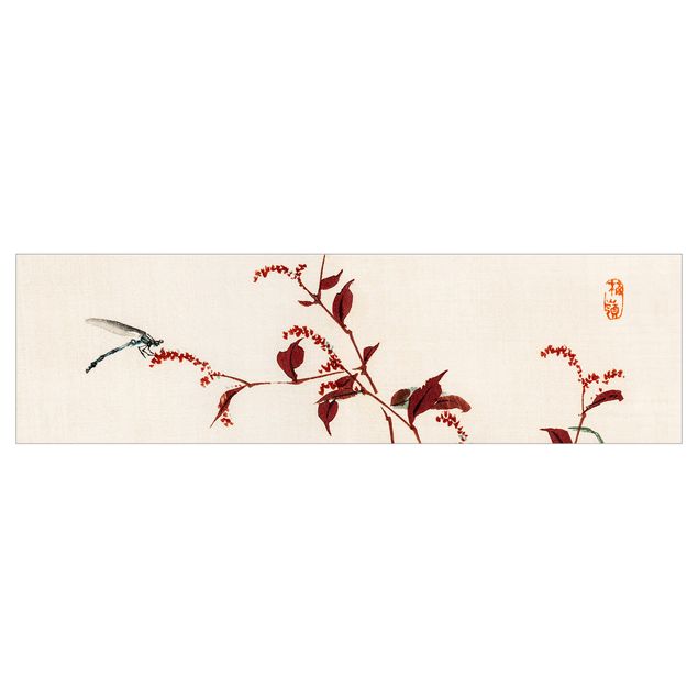 Keukenachterwanden Asian Vintage Drawing Red Branch With Dragonfly