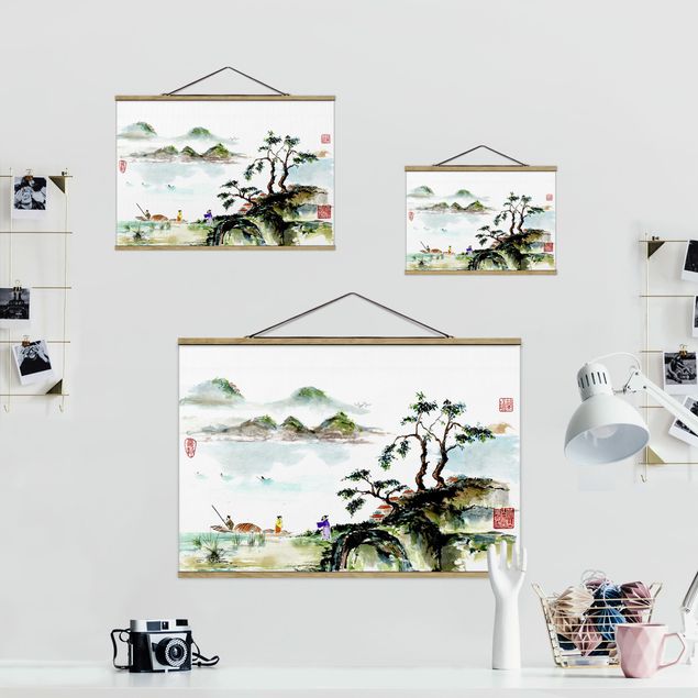 Stoffen schilderij met posterlijst Japanese Watercolour Drawing Lake And Mountains