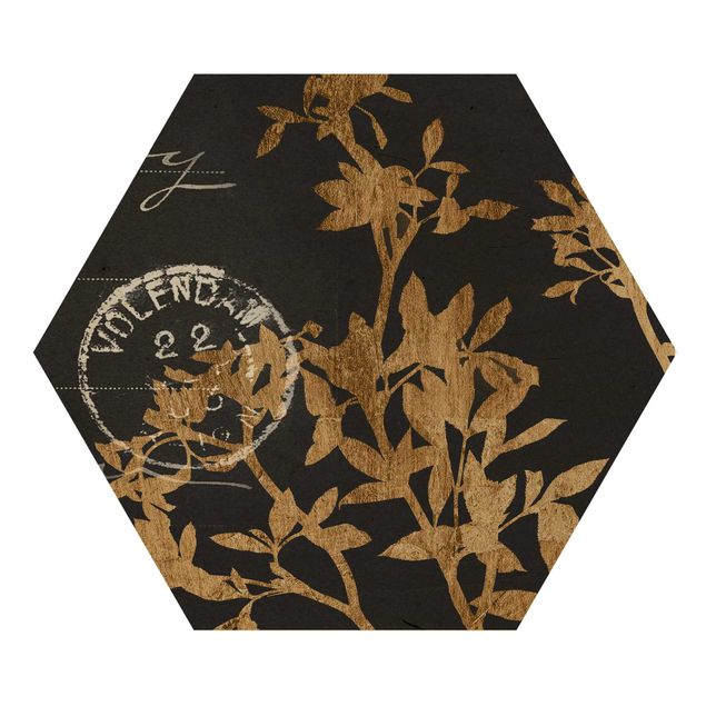 Hexagons houten schilderijen Golden Leaves On Mocha II