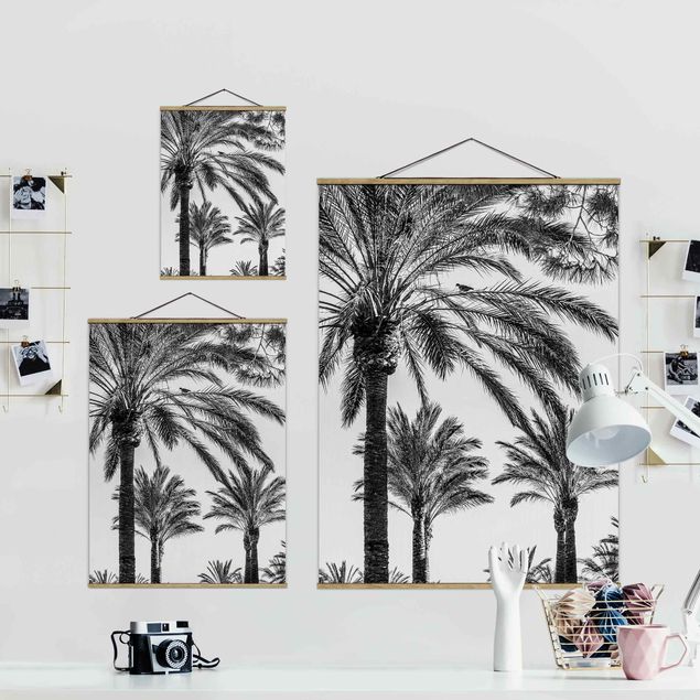 Stoffen schilderij met posterlijst Palm Trees At Sunset Black And White